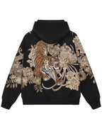 Sweat-shirt à capuche zippé tigre, double dragon et fleurs brodés (unisexe)