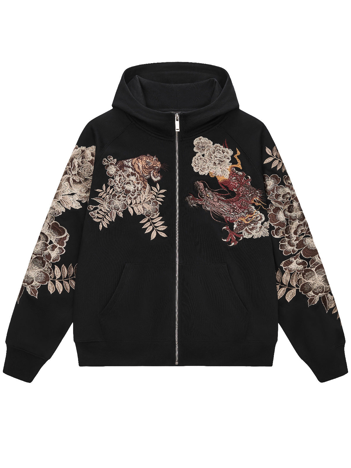 Sweat-shirt à capuche zippé tigre, dragons et fleurs brodés (unisexe)