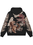 Sweat-shirt à capuche zippé tigre, dragons et fleurs brodés (unisexe)