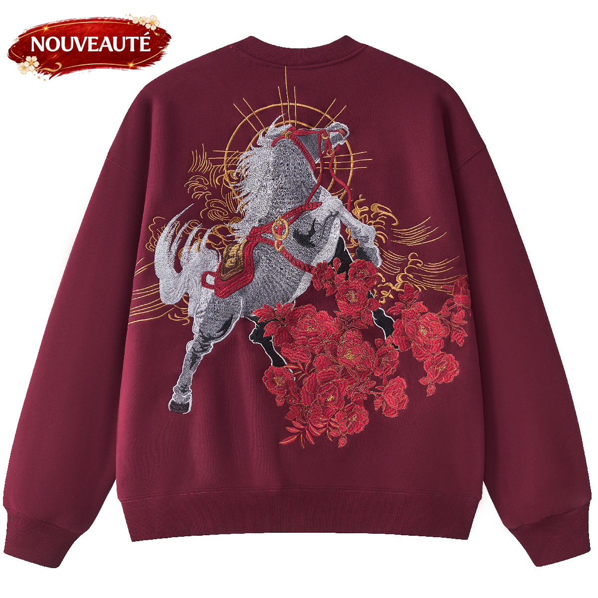 Sweat ample cheval et fleurs brodés (unisexe)
