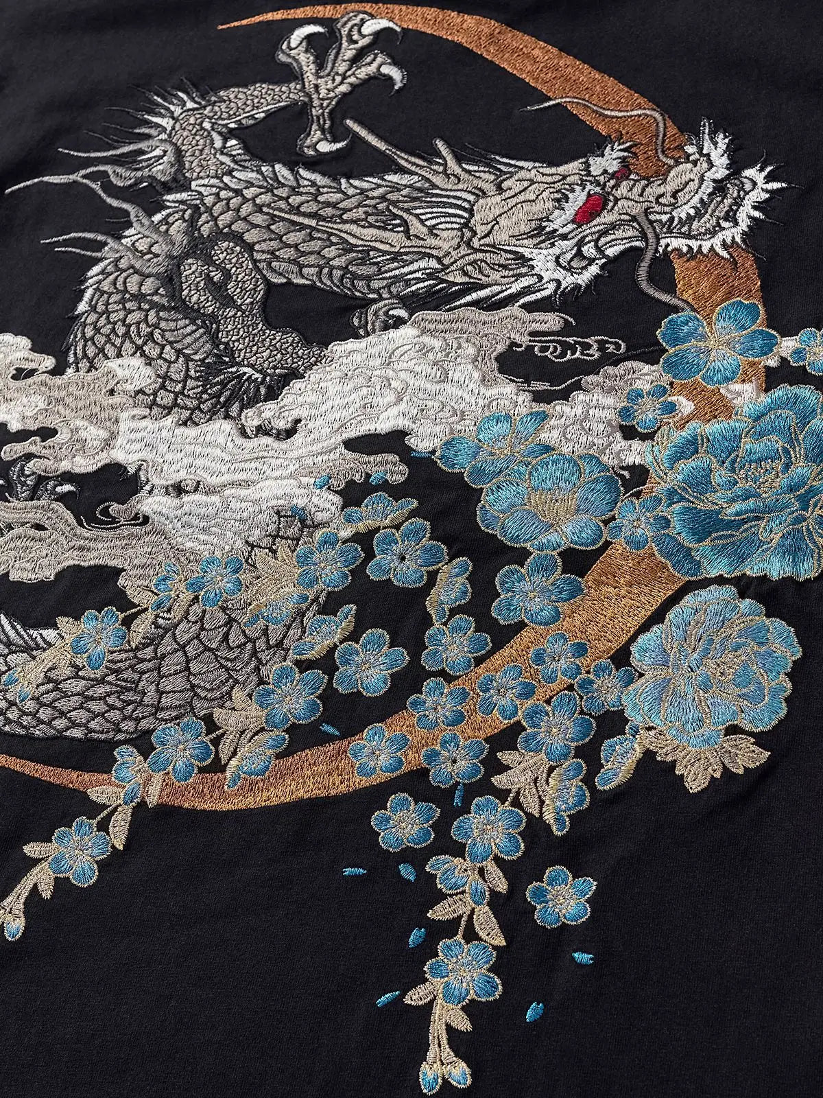 Tee-shirt dragon et fleurs brodès (unisexe)