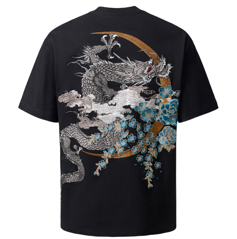 Tee-shirt dragon et fleurs brodès (unisexe)