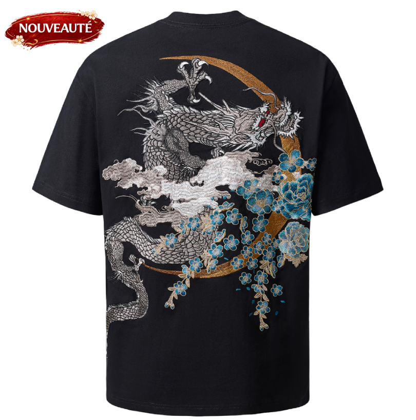 Tee-shirt ample dragon et fleurs brodès (unisexe)
