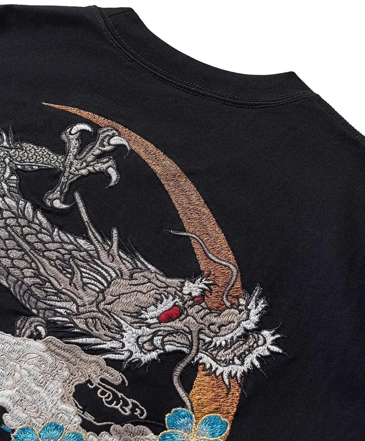 Tee-shirt ample dragon et fleurs brodès (unisexe)