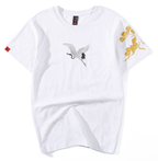 T-shirt unisex ricamato con gru e motivo floreale
