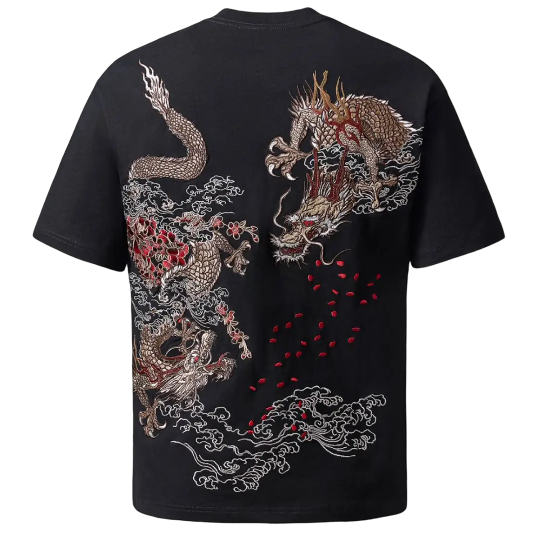 Loose-fitting t-shirt with double embroidered dragons (unisex) 