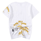 T-shirt unisex ricamato con gru e motivo floreale