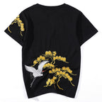 T-shirt unisex ricamato con gru e motivo floreale