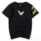 T-shirt unisex ricamato con gru e motivo floreale