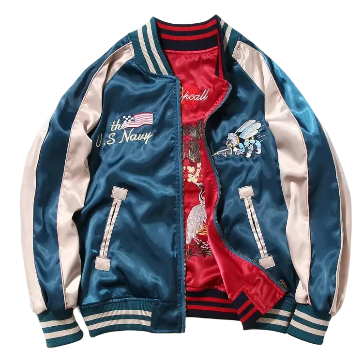 Veste Sukajan souvenir grues et abeilles brodées (Réversible) (unisexe)