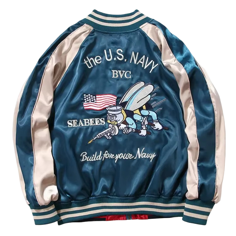 Veste Sukajan souvenir grues et abeilles brodées (Réversible) (unisexe)