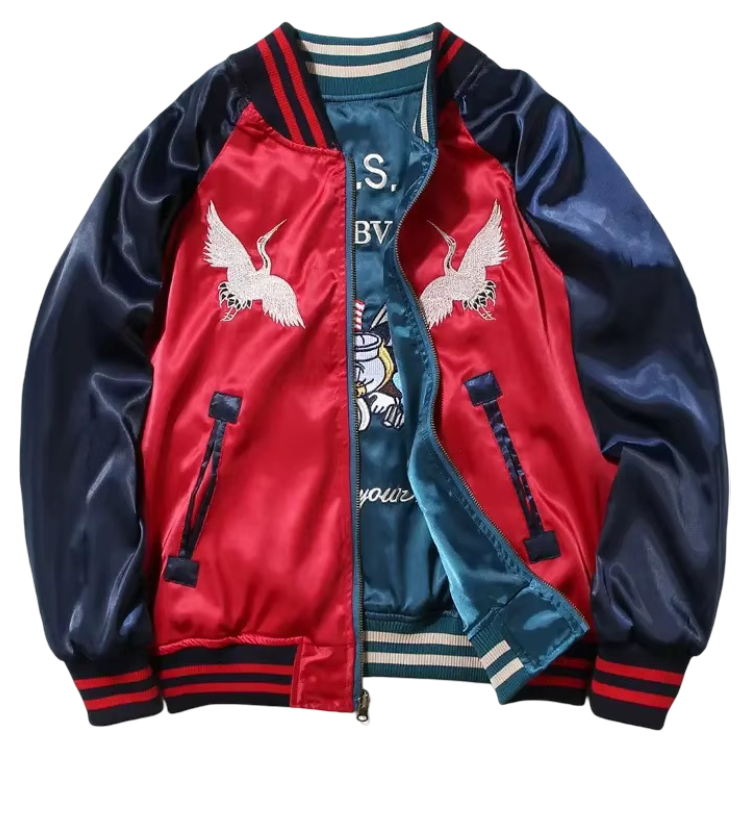 Veste Sukajan souvenir grues et abeilles brodées (Réversible) (unisexe)