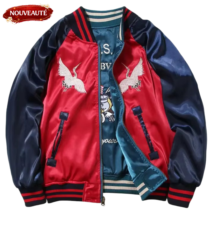 Veste ample Sukajan souvenir grues et abeilles brodées (Réversible) (unisexe)