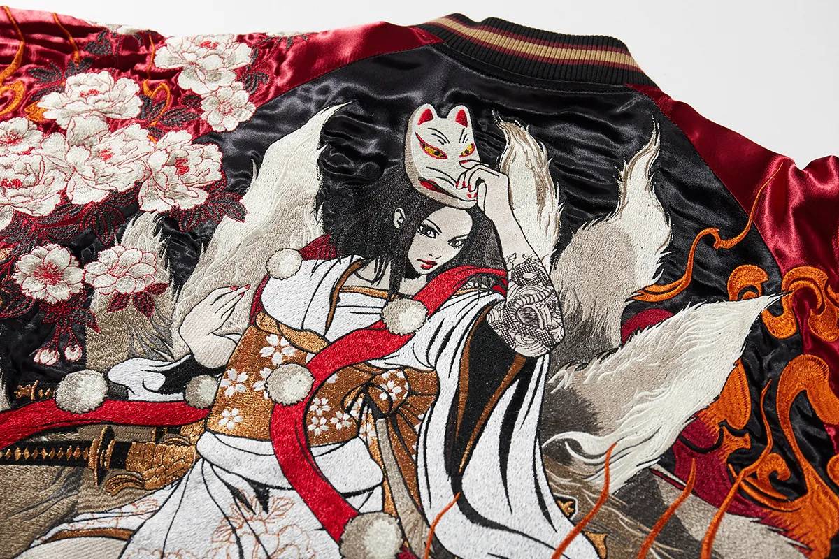 Veste geisha renard brodée (Réversible) (unisexe)