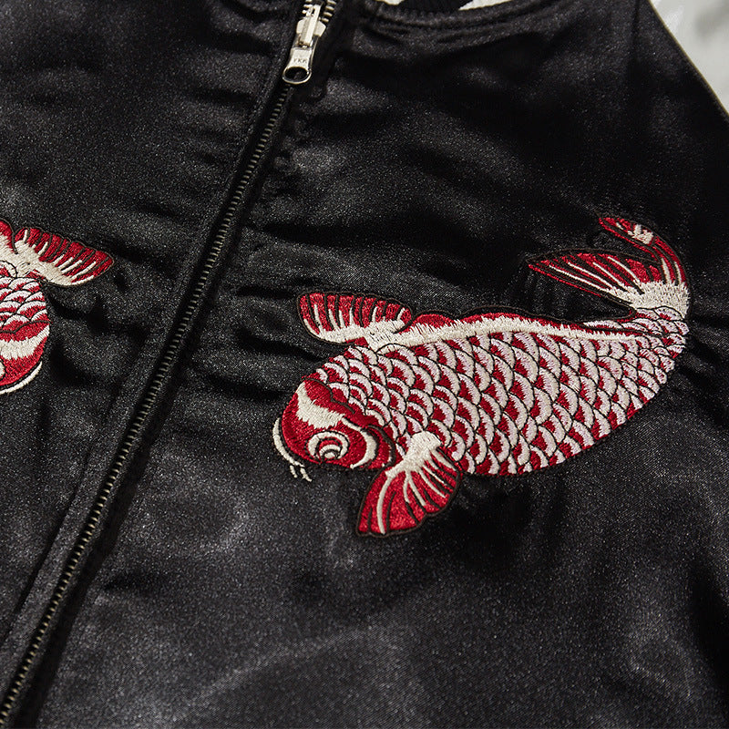 Veste Sukajan carpes koi, vagues et dragon brodés  ( Réversible) (unisexe)