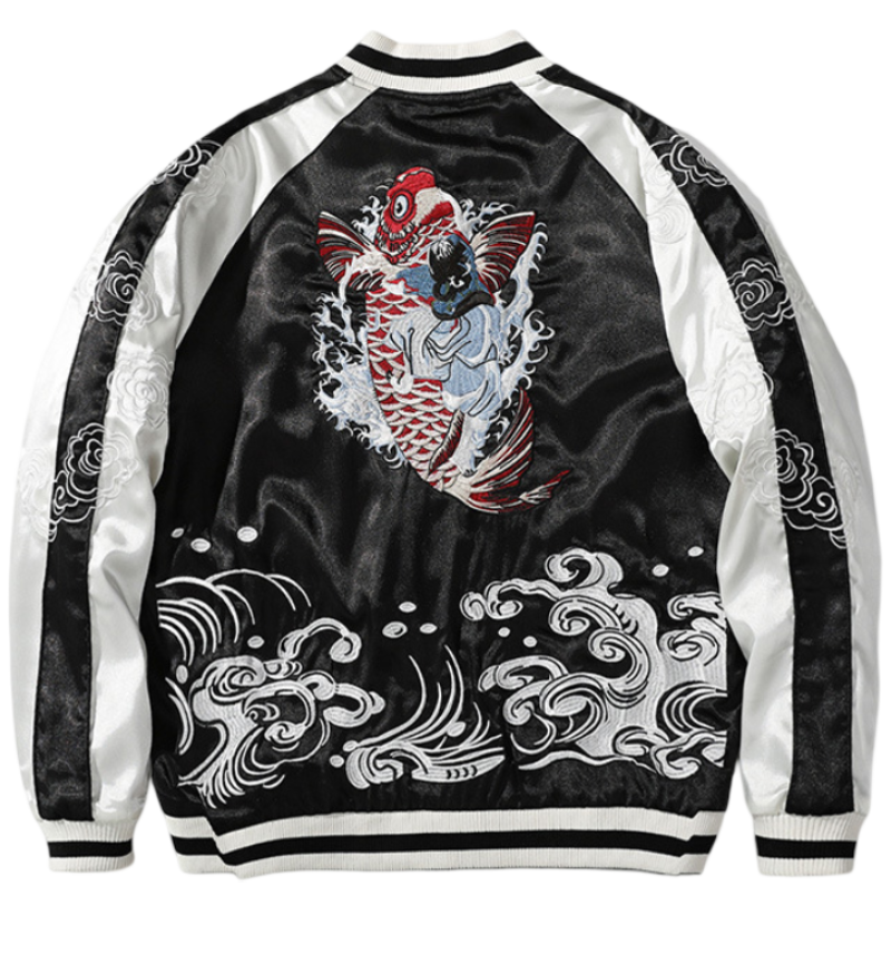 Veste Sukajan carpes koi, vagues et dragon brodés  (Réversible) (unisexe)