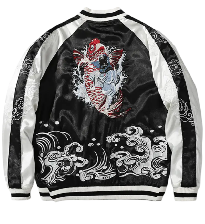 Veste Sukajan carpes koi, vagues et dragon brodés  (Réversible) (unisexe)