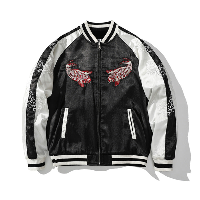 Veste Sukajan carpes koi, vagues et dragon brodés  ( Réversible) (unisexe)