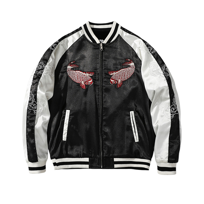 Veste Sukajan carpes koi, vagues et dragon brodés  (Réversible) (unisexe)