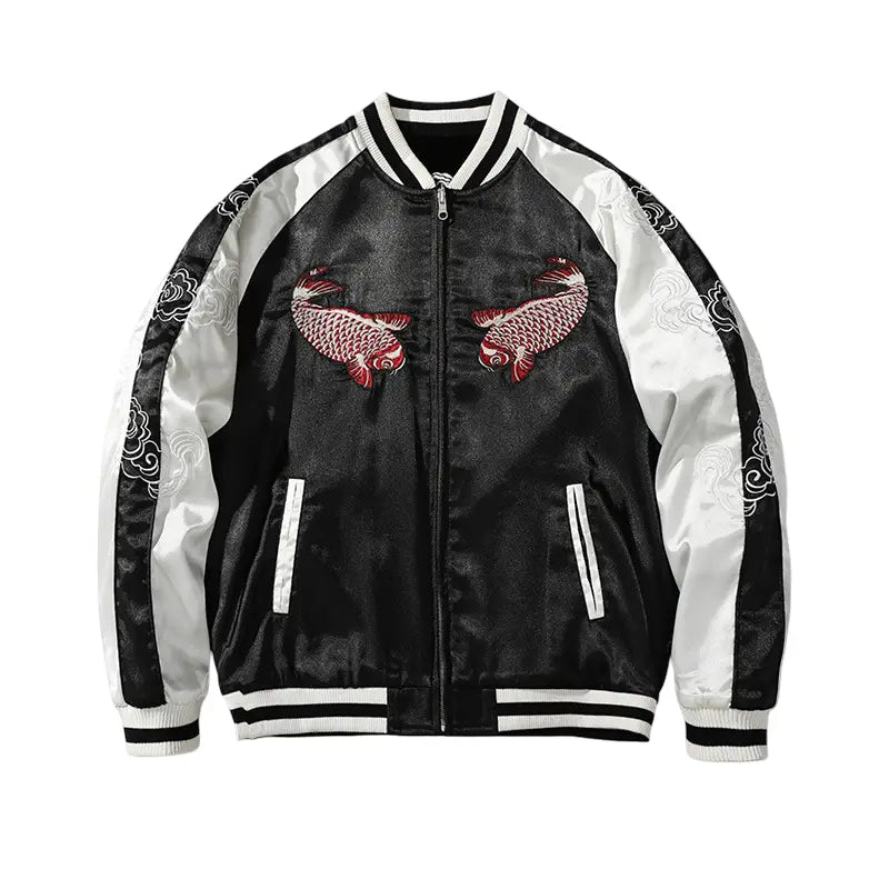 Veste Sukajan carpes koi, vagues et dragon brodés  (Réversible) (unisexe)