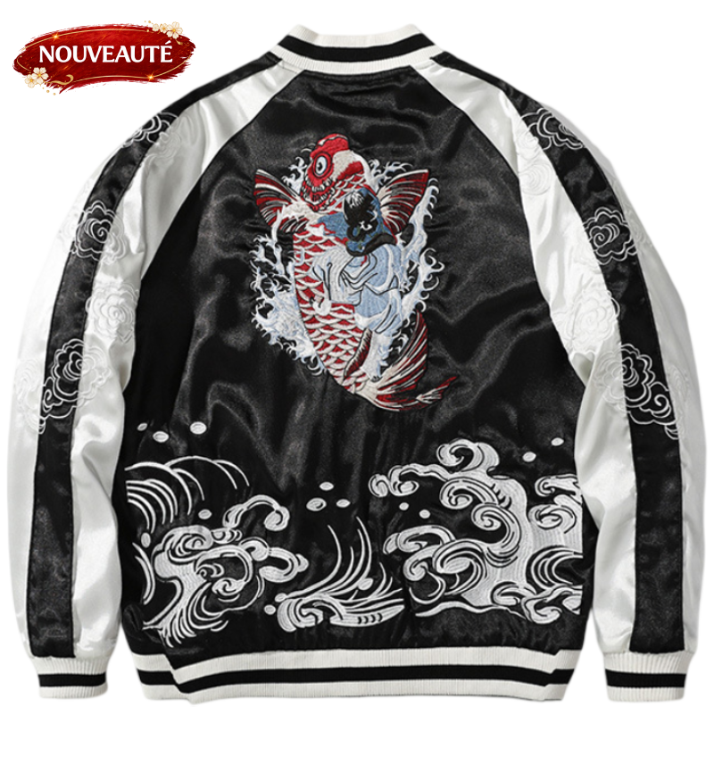 Veste Sukajan carpes koi, vagues et dragon brodés  ( Réversible) (unisexe)