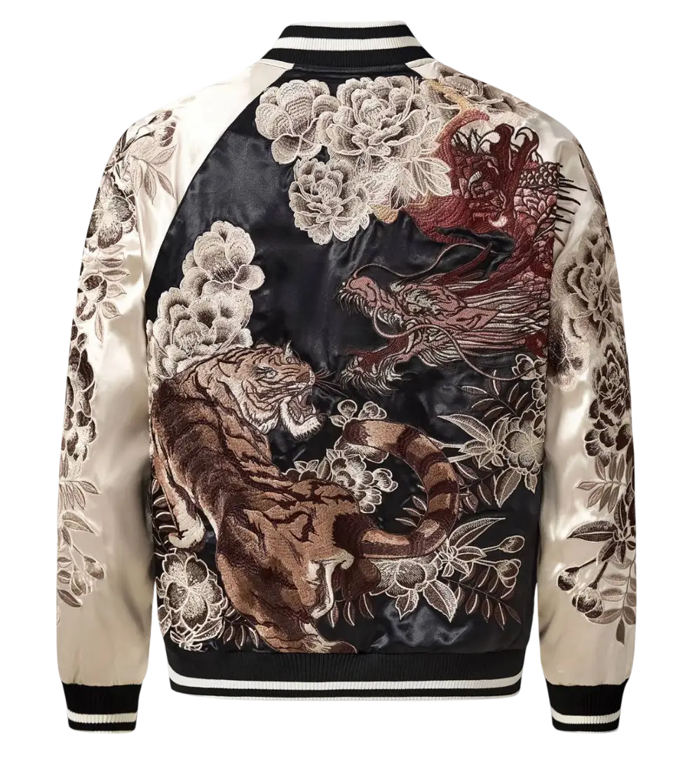 Veste tigre, dragon et fleurs brodés (unisexe)
