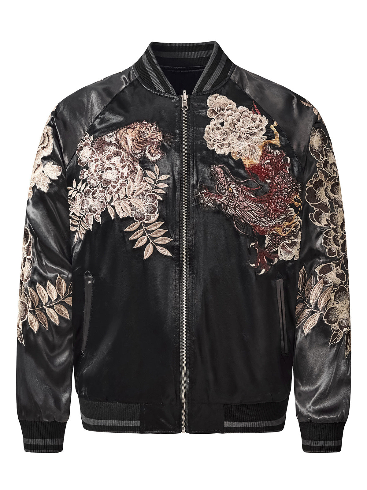 Veste tigre, dragon et fleurs brodés (unisexe)